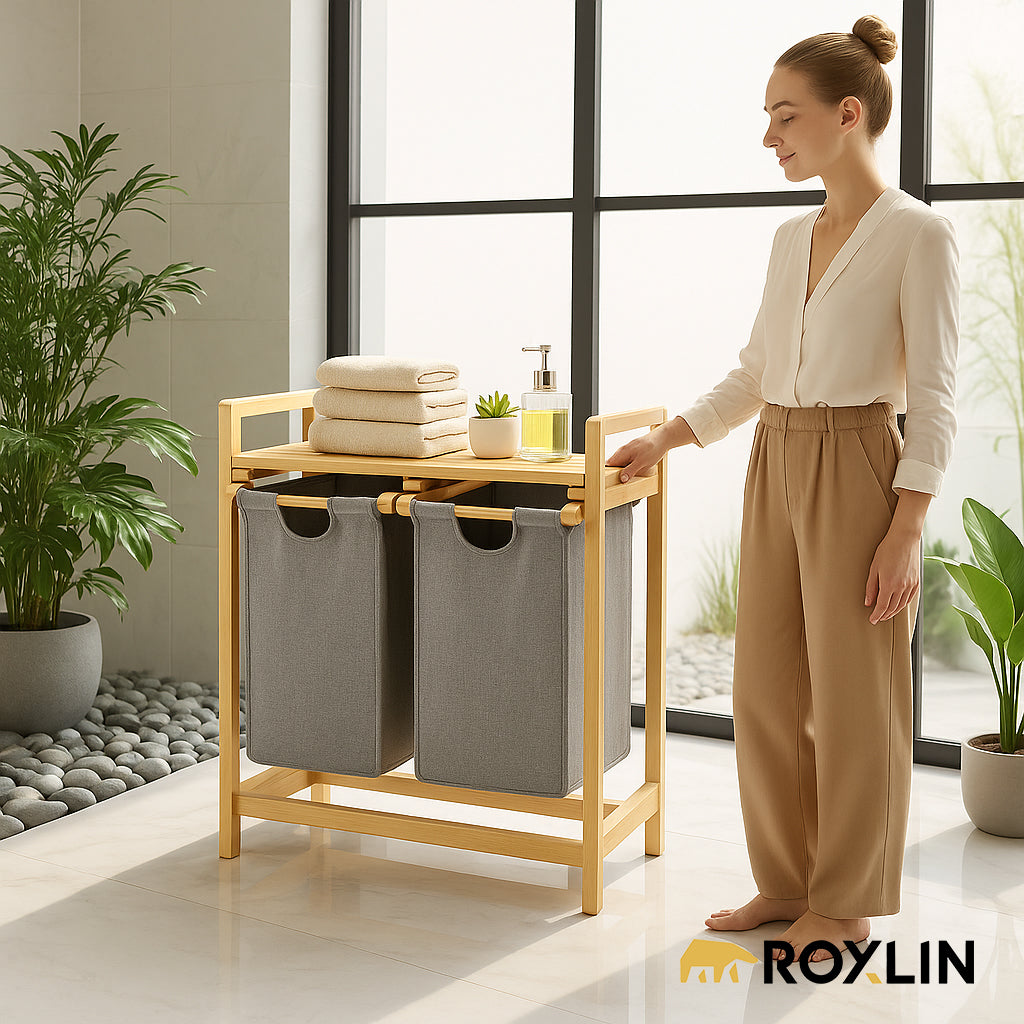 Roxlin Bambus Wäschekorb 100L – 2 Fächer mit herausnehmbaren Stofftaschen