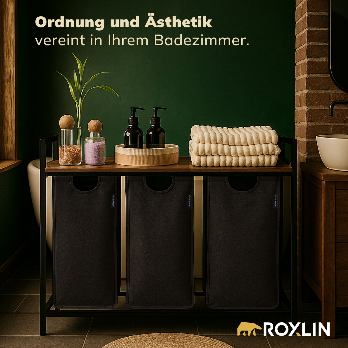 Roxlin 3-Fach Wäschekorb mit Deckel – Wäschesortierer Bambus & Metallrahmen