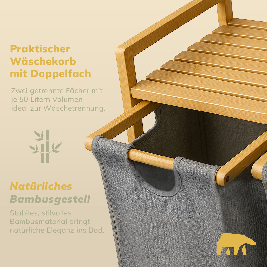 Roxlin Bambus Wäschekorb 100L – 2 Fächer mit herausnehmbaren Stofftaschen