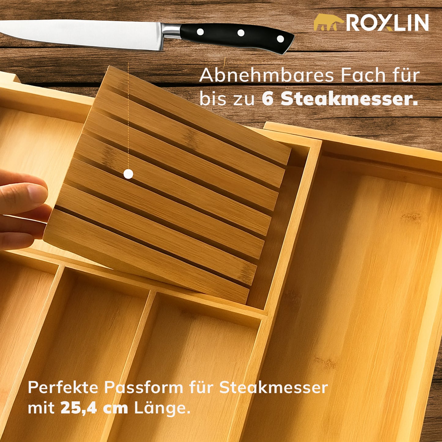 Bambus Besteckkasten mit Messerhalter – Verstellbarer Schubladen Organizer