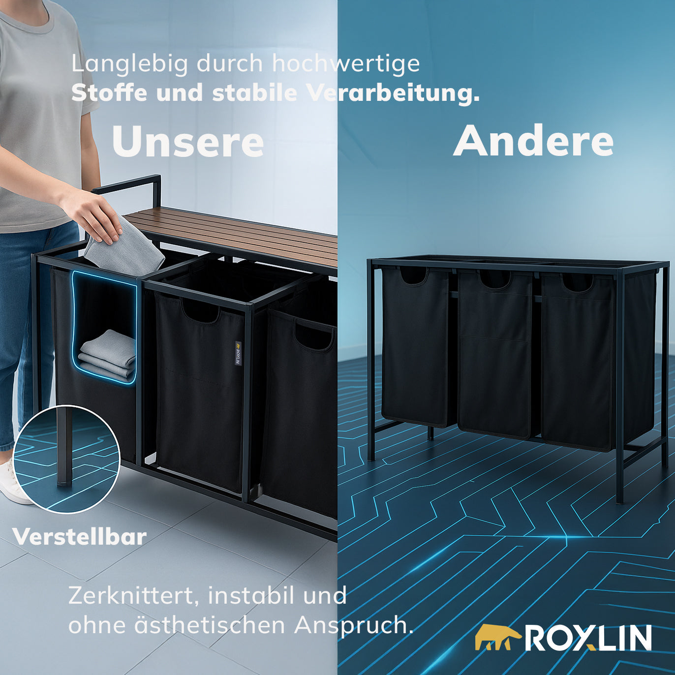 Roxlin 3-Fach Wäschekorb mit Deckel – Wäschesortierer Bambus & Metallrahmen