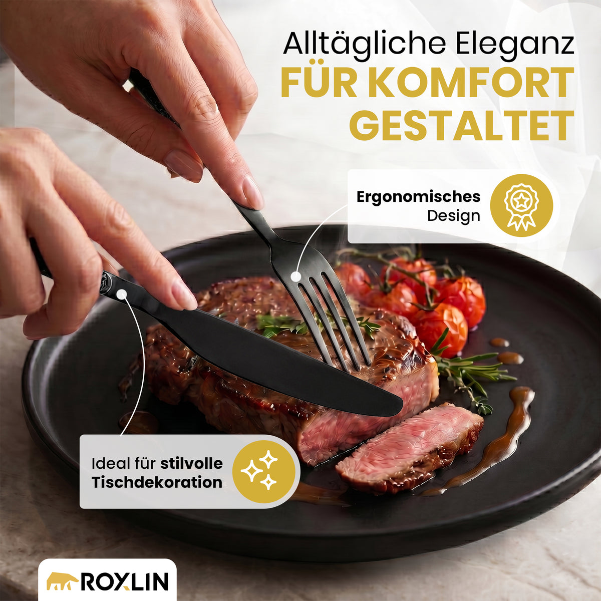 Roxlin Besteckset 30-tlg. Stein Design – Gold, Schwarz, Silber
