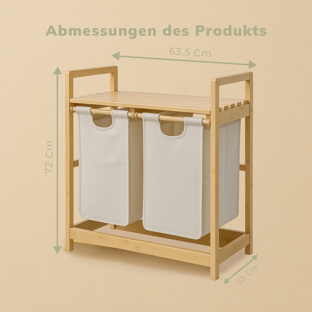 Roxlin Bambus Wäschekorb 100L – 2 Fächer mit herausnehmbaren Stofftaschen