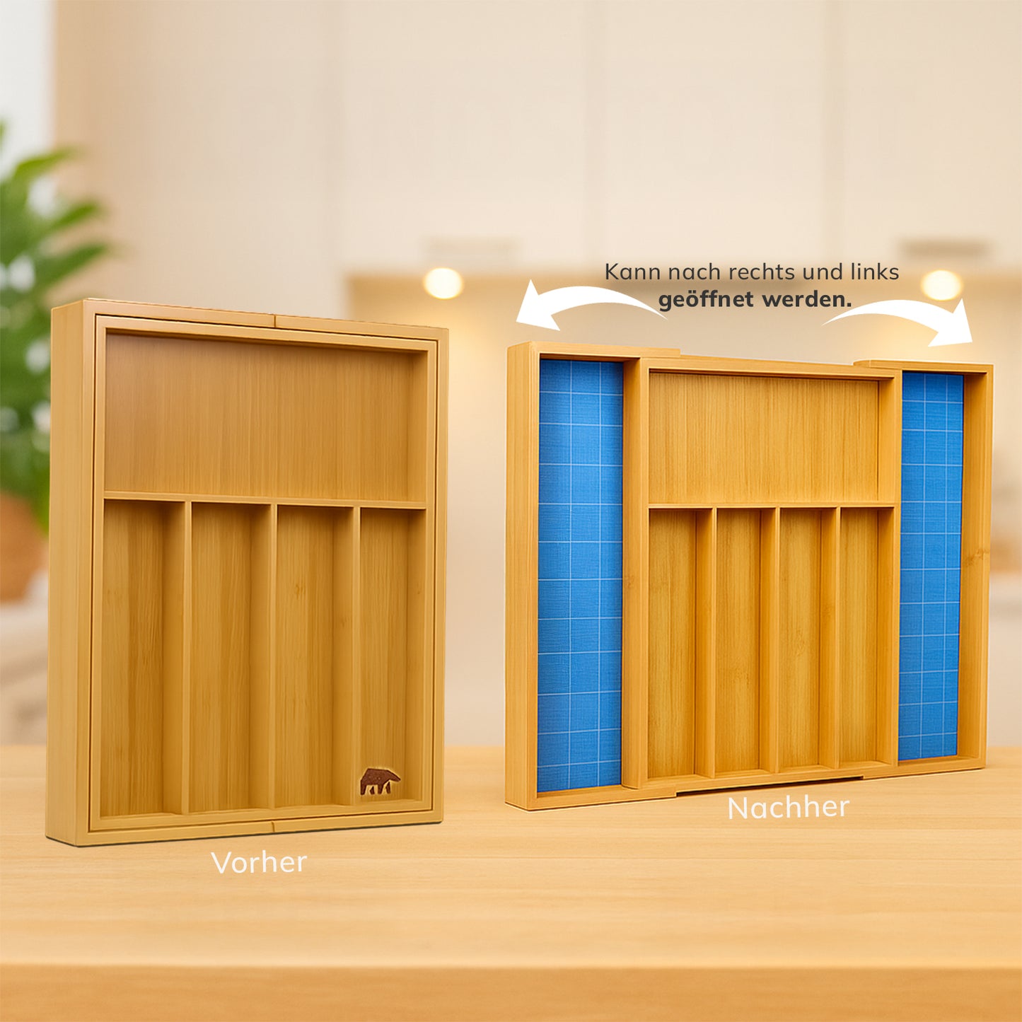 Bambus Besteckkasten mit Messerhalter – Verstellbarer Schubladen Organizer