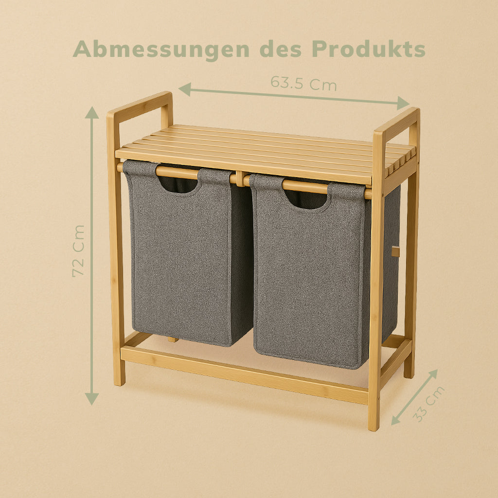 Roxlin Bambus Wäschekorb 100L – 2 Fächer mit herausnehmbaren Stofftaschen