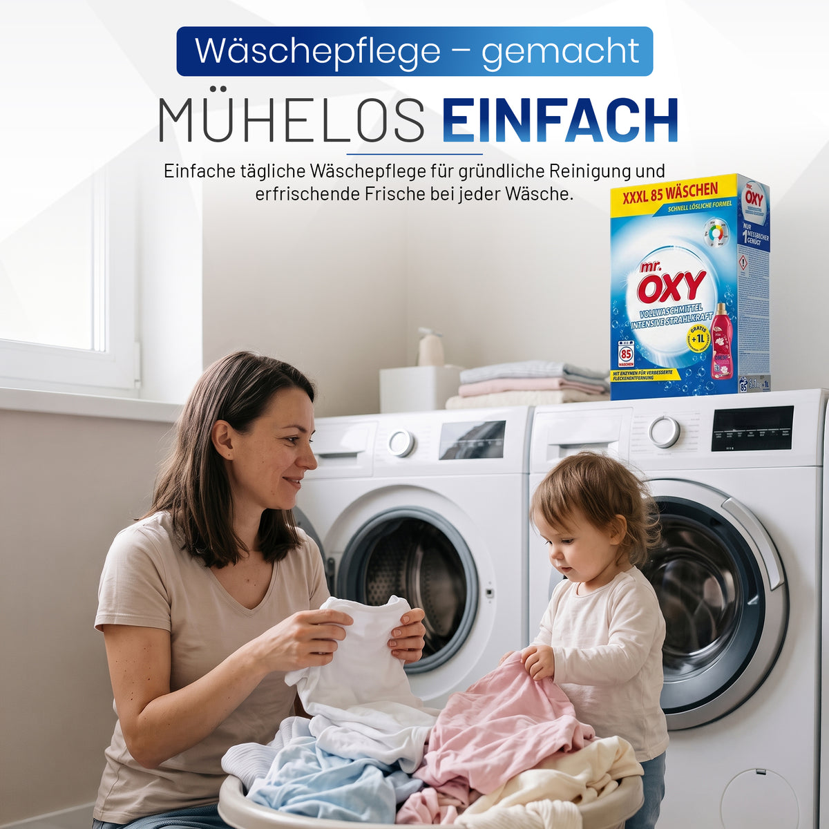 Mr. OXY Waschmittel Set XXXL 85 Wäschen 5,1 KG + GRATIS 1L Weichspüler