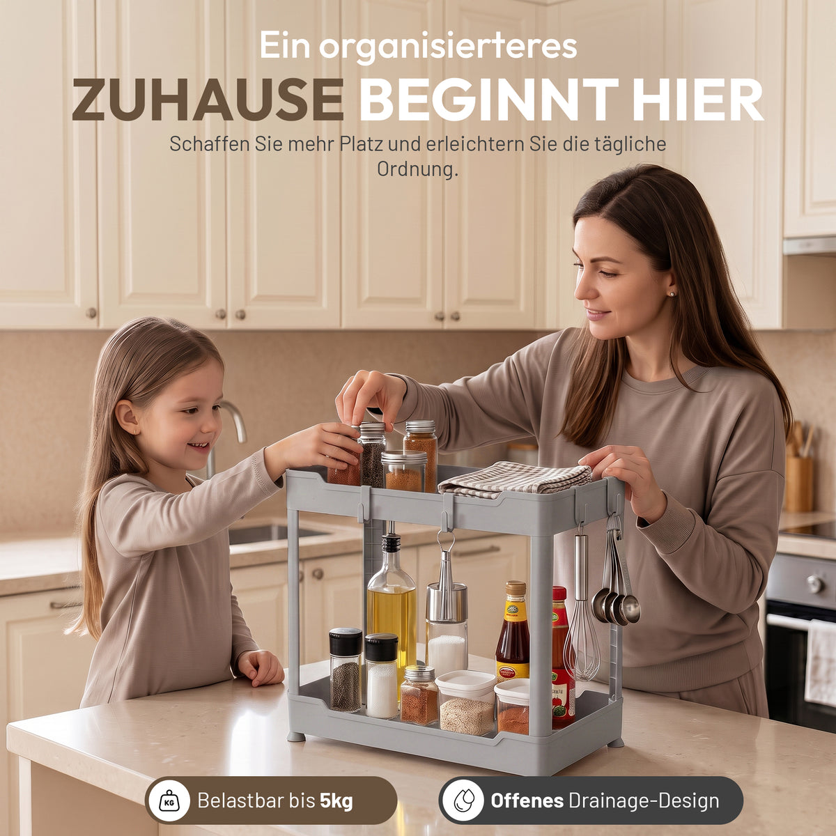 Roxlin 2-Etagen Aufbewahrungsregal mit 4 Haken – Küche & Bad Organizer