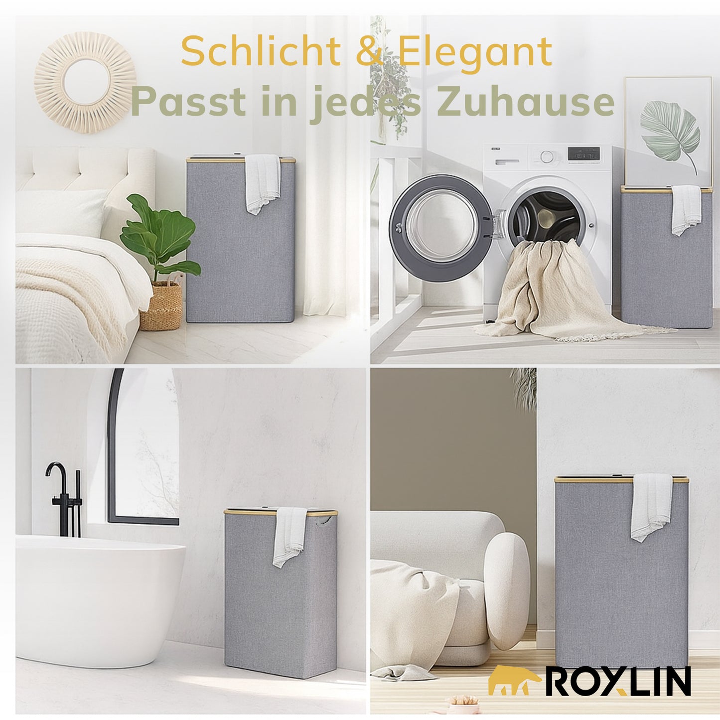 Roxlin Wäschekorb 100L mit Deckel – Faltbar & Tasche – Bambusrahmen stabil