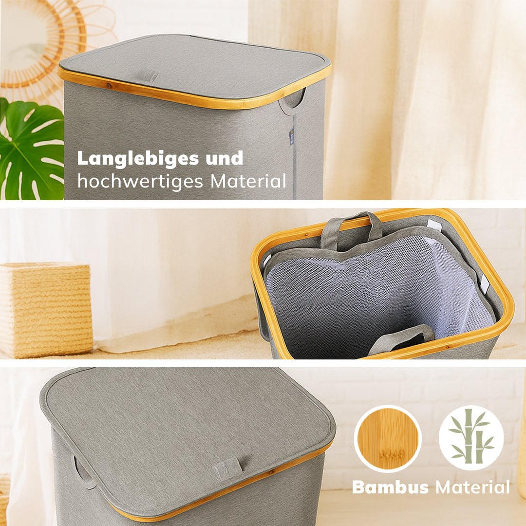 Roxlin Wäschekorb 100L mit Deckel – Faltbar & Tasche – Bambusrahmen stabil