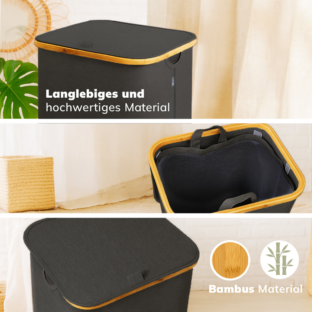 Roxlin Wäschekorb 100L mit Deckel – Faltbar & Tasche – Bambusrahmen stabil