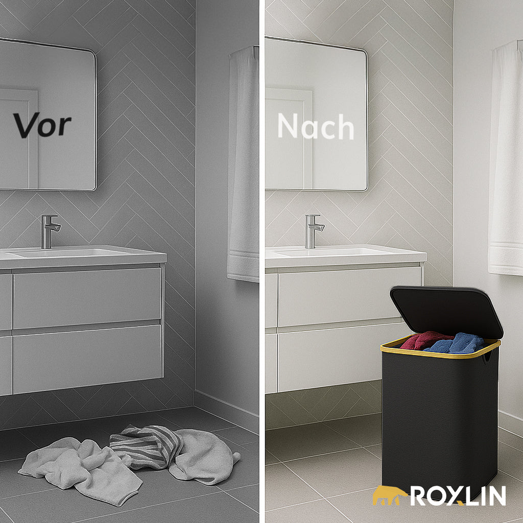 Roxlin Wäschekorb 100L mit Deckel – Faltbar & Tasche – Bambusrahmen stabil