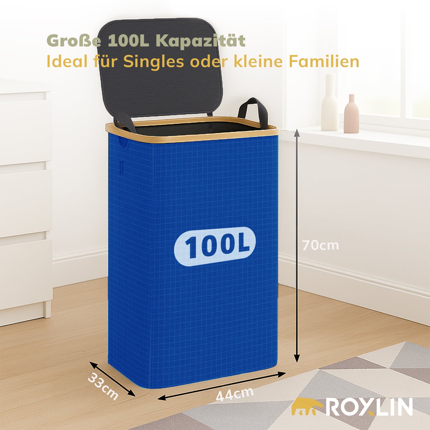 Roxlin Wäschekorb 100L mit Deckel – Faltbar & Tasche – Bambusrahmen stabil