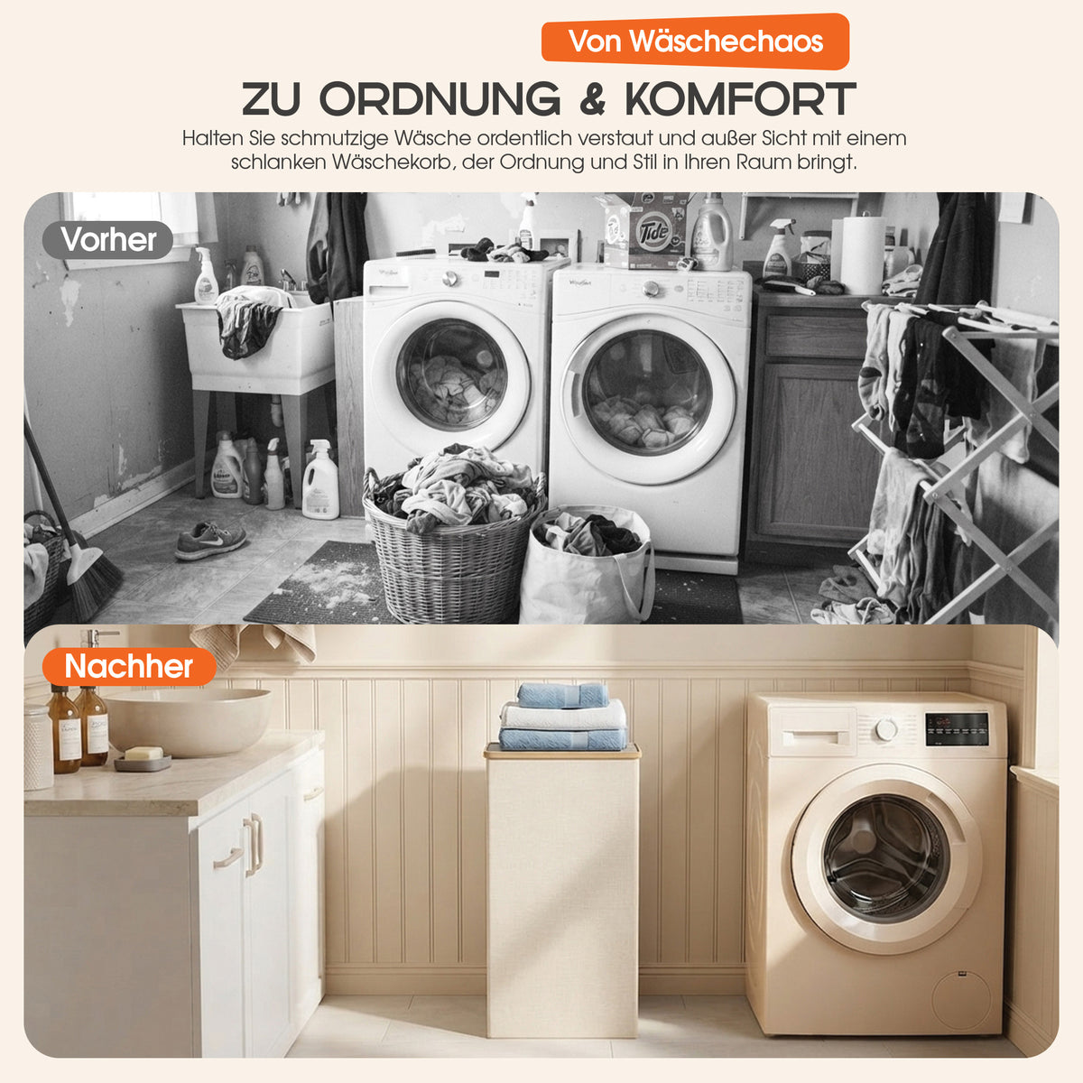 Roxlin Wäschekorb 100L mit Deckel – Faltbar & Tasche – Bambusrahmen stabil