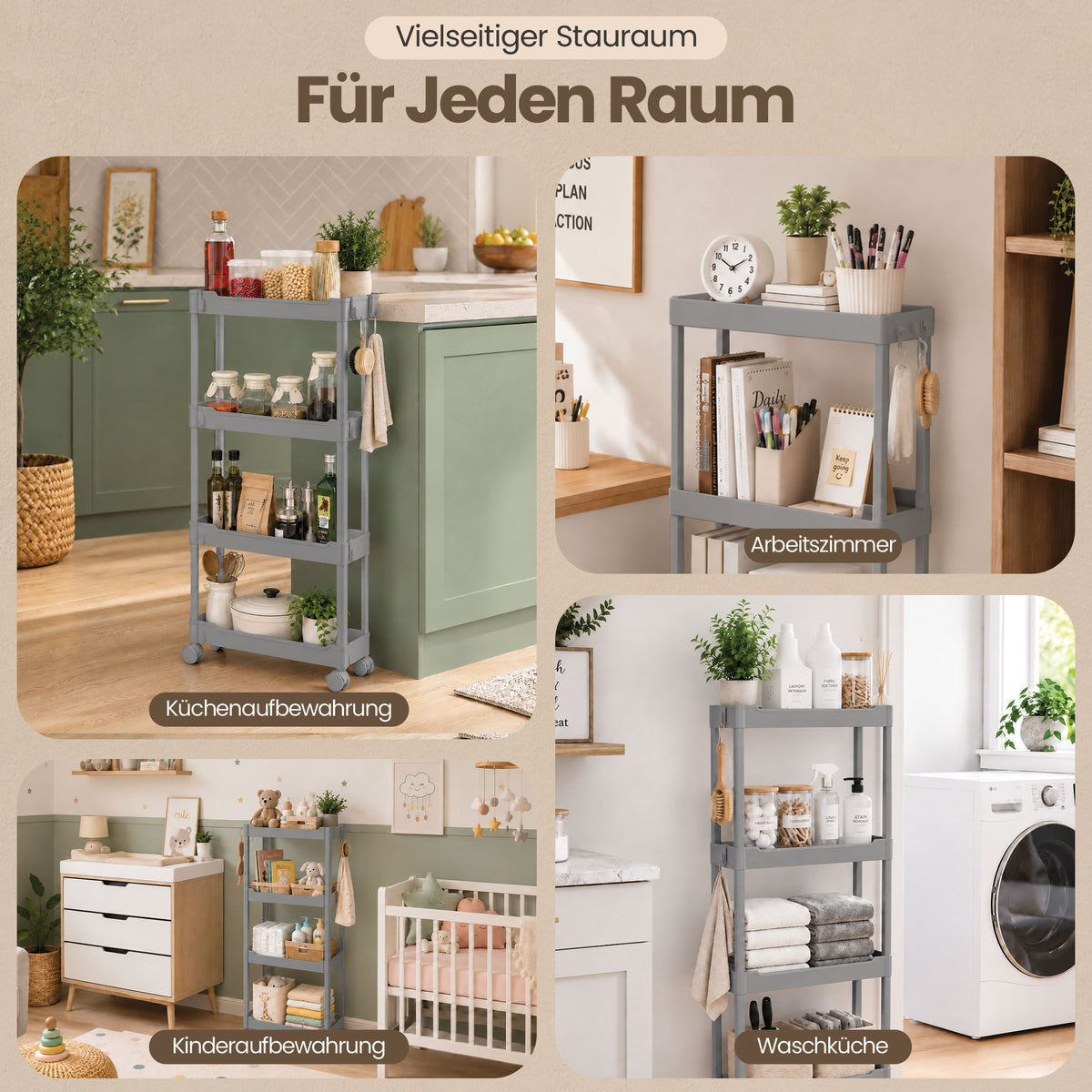 Roxlin 3 & 4 Etagen Slim Rollwagen mit 4 Haken – Schmaler Organizer