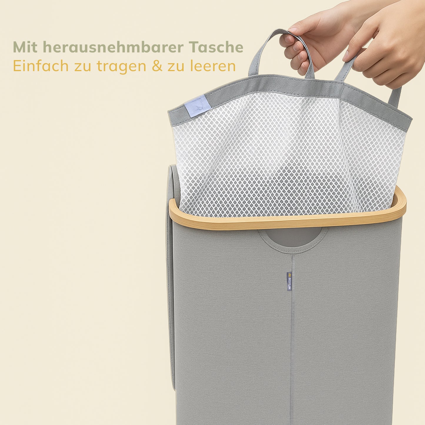 Roxlin Wäschekorb 100L mit Deckel – Faltbar & Tasche – Bambusrahmen stabil