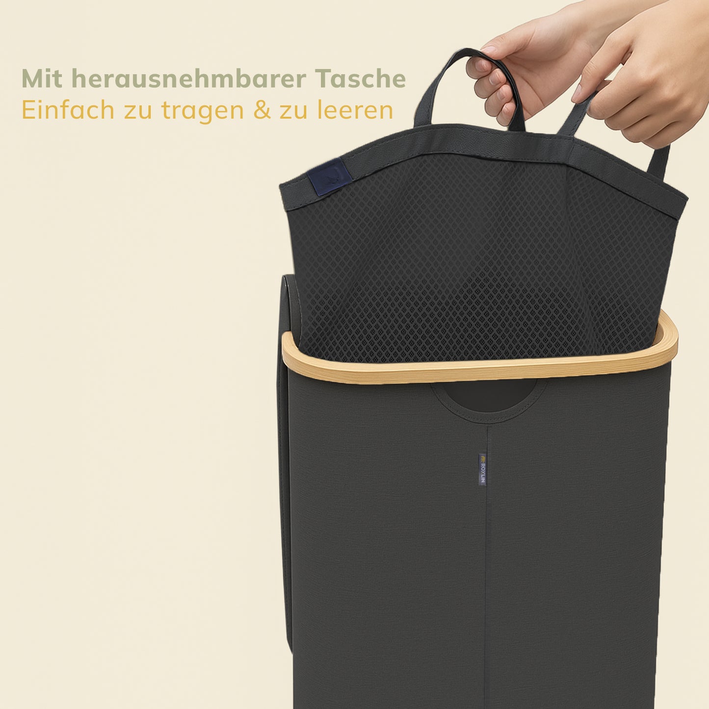 Roxlin Wäschekorb 100L mit Deckel – Faltbar & Tasche – Bambusrahmen stabil