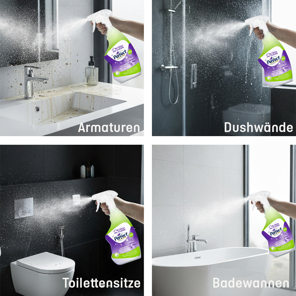 Perfect Badezimmerreiniger im Einsatz auf Dusche, Fliesen und Waschbecken