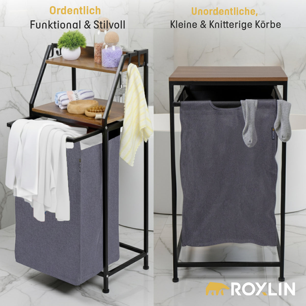 Roxlin Wäschekorb mit Regal und Handtuchhalter samt herausnehmbarem Wäschesack