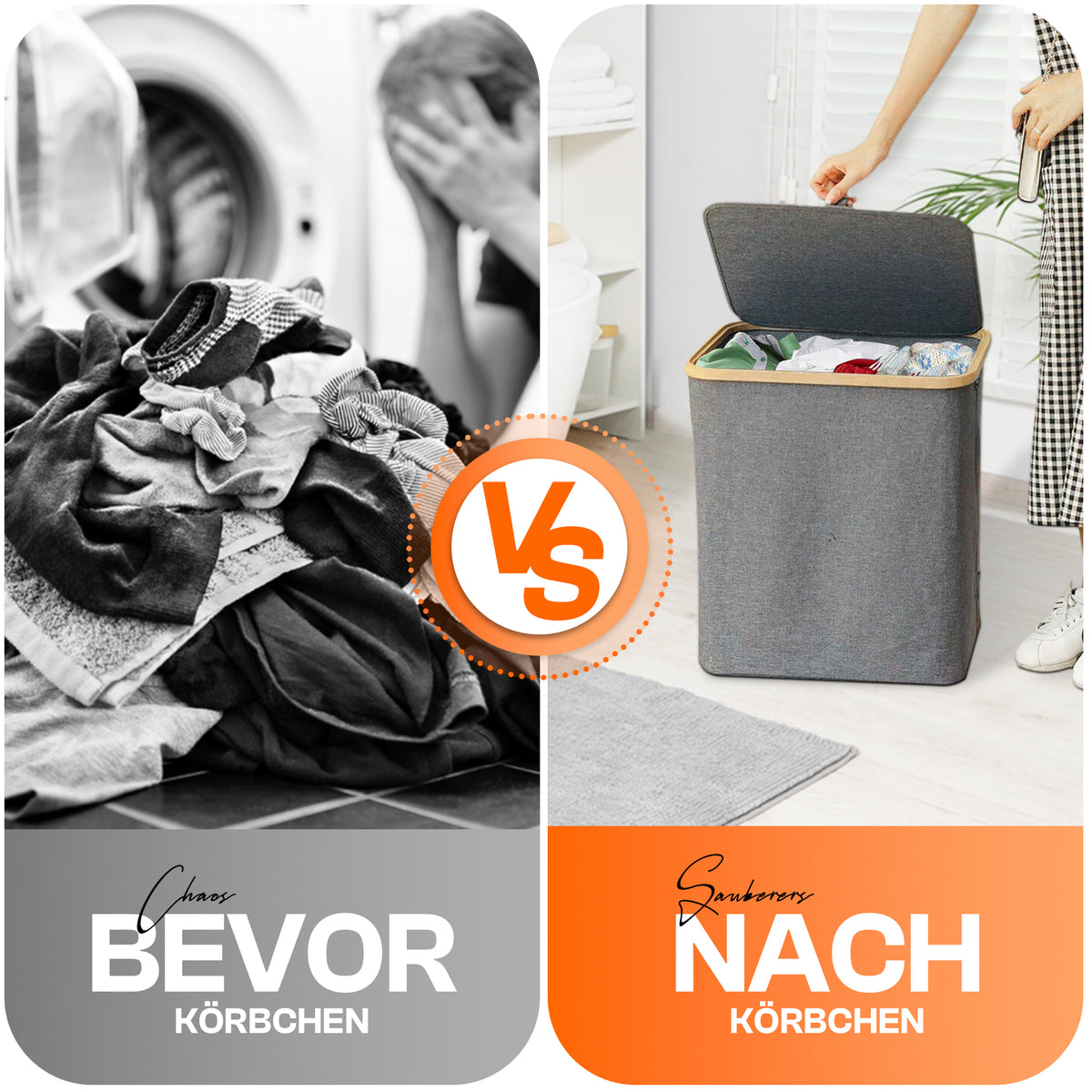 Vorher-Nachher-Vergleich: Wäschechaos gegen ordentlichen Roxlin Wäschekorb