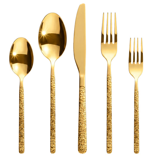 Roxlin Besteckset 30-teilig im Stein-Design aus Edelstahl in Gold, Schwarz und Silber