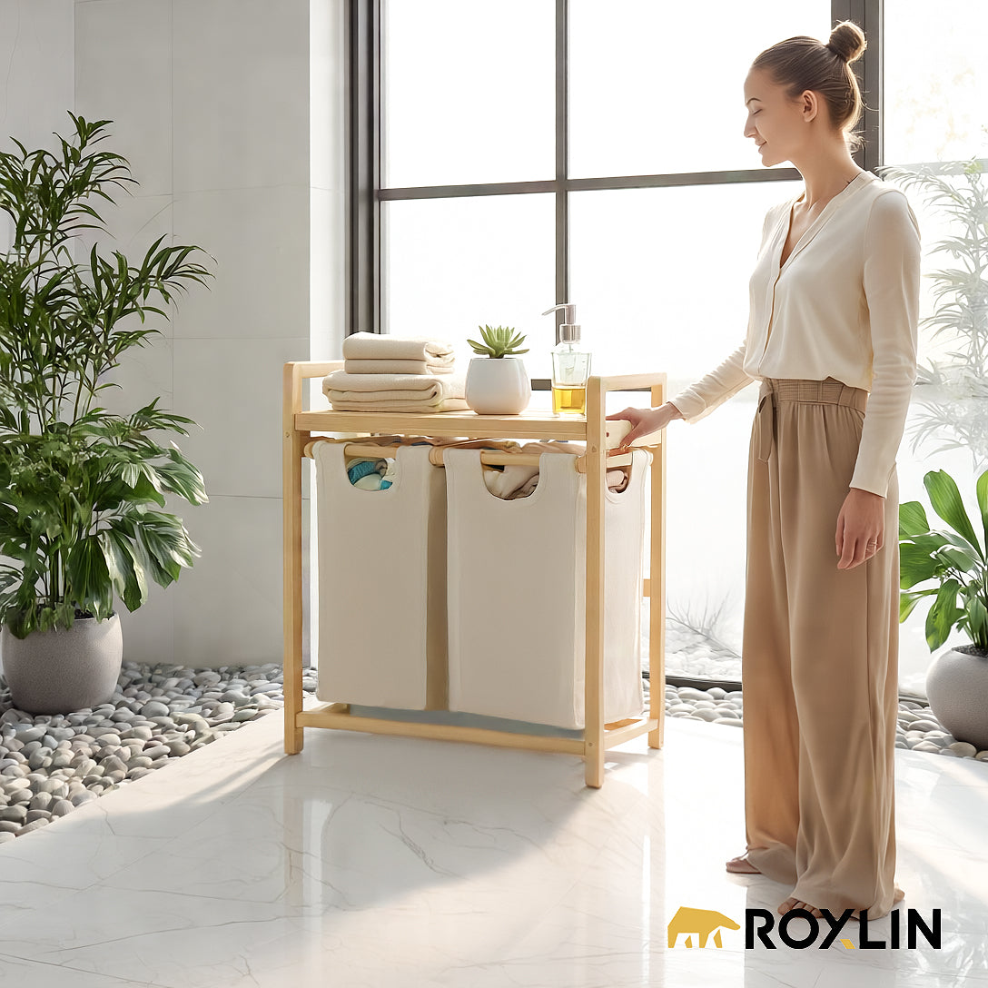 Roxlin Bambus Wäschekorb 100L – 2 Fächer mit herausnehmbaren Stofftaschen