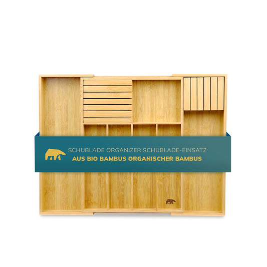 Bambus Besteckkasten mit Messerhalter – Verstellbarer Schubladen Organizer