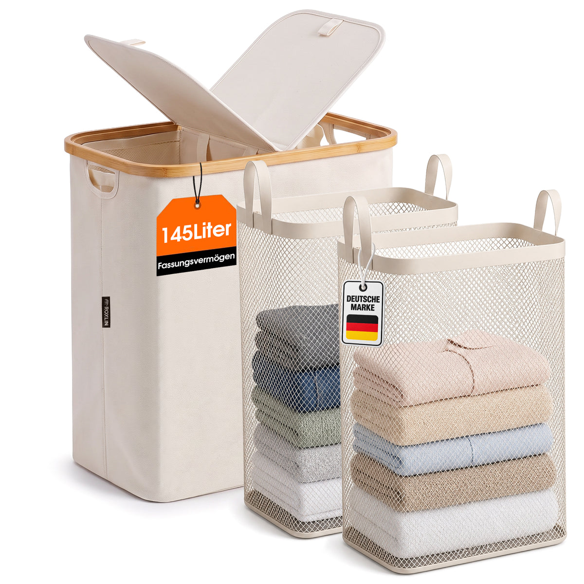 Roxlin Wäschekorb 150L mit Deckel & 2 Taschen – Faltbar & wasserdicht