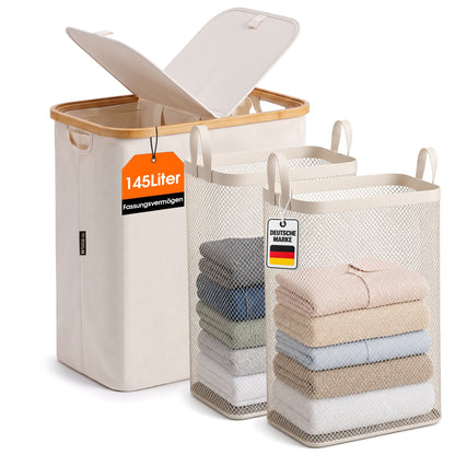 Roxlin Wäschekorb 150L mit Deckel & 2 Taschen – Faltbar & wasserdicht