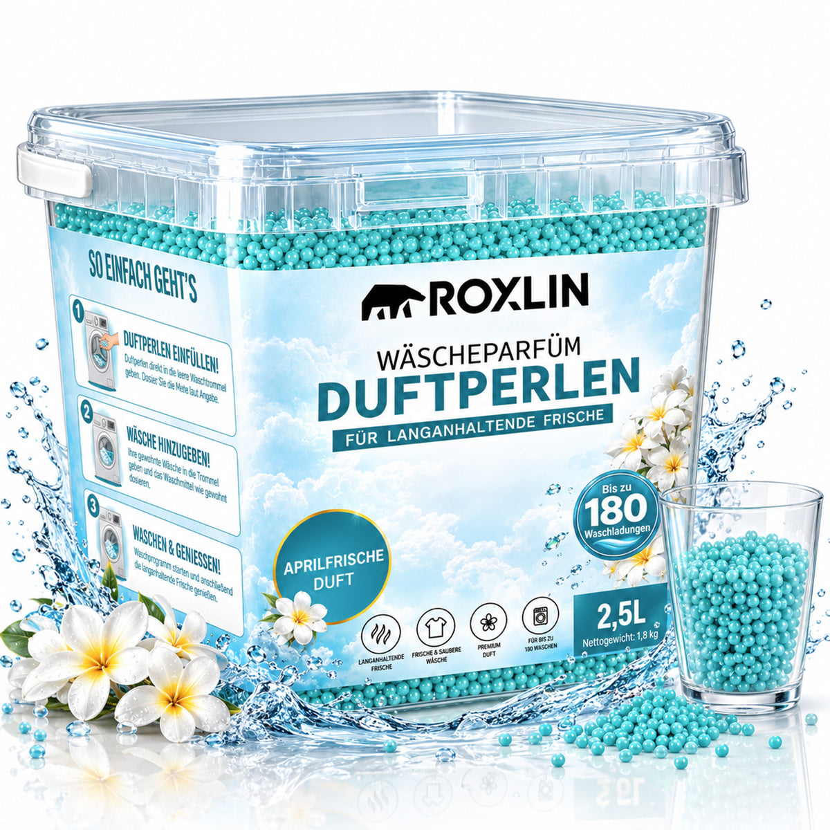 Roxlin Wäscheparfüm Duftperlen 2,5 L – 180 Wäschen – 2 Duftvarianten