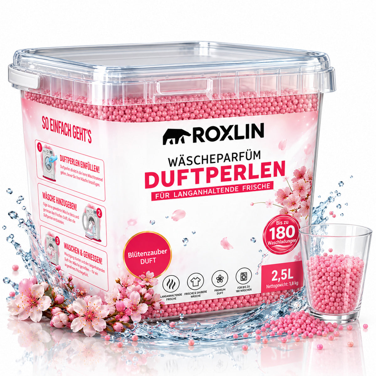 Roxlin Wäscheparfüm Duftperlen 2,5 L – 180 Wäschen – 2 Duftvarianten