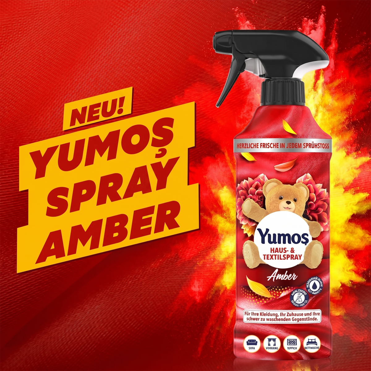 Yumoş Haus- & Textilspray 450ml, Alkoholfrei – Amber, Sakura, Orchidee, Lilie
