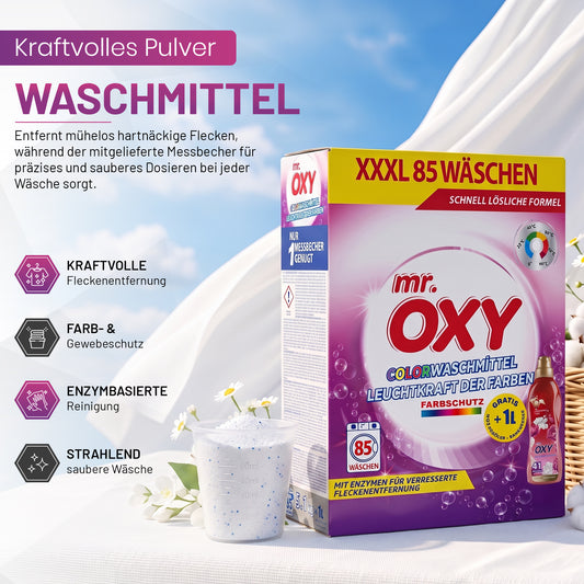 Mr. OXY Waschmittel Set XXXL 85 Wäschen 5,1 KG + GRATIS 1L Weichspüler