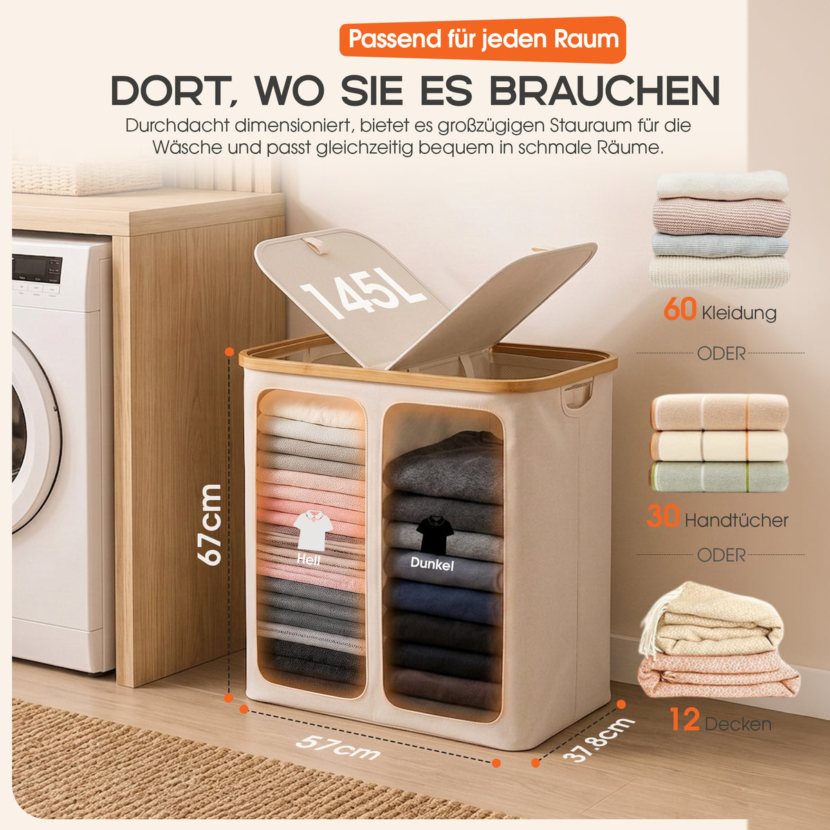 Roxlin Wäschekorb 150L mit Deckel & 2 Taschen – Faltbar & wasserdicht