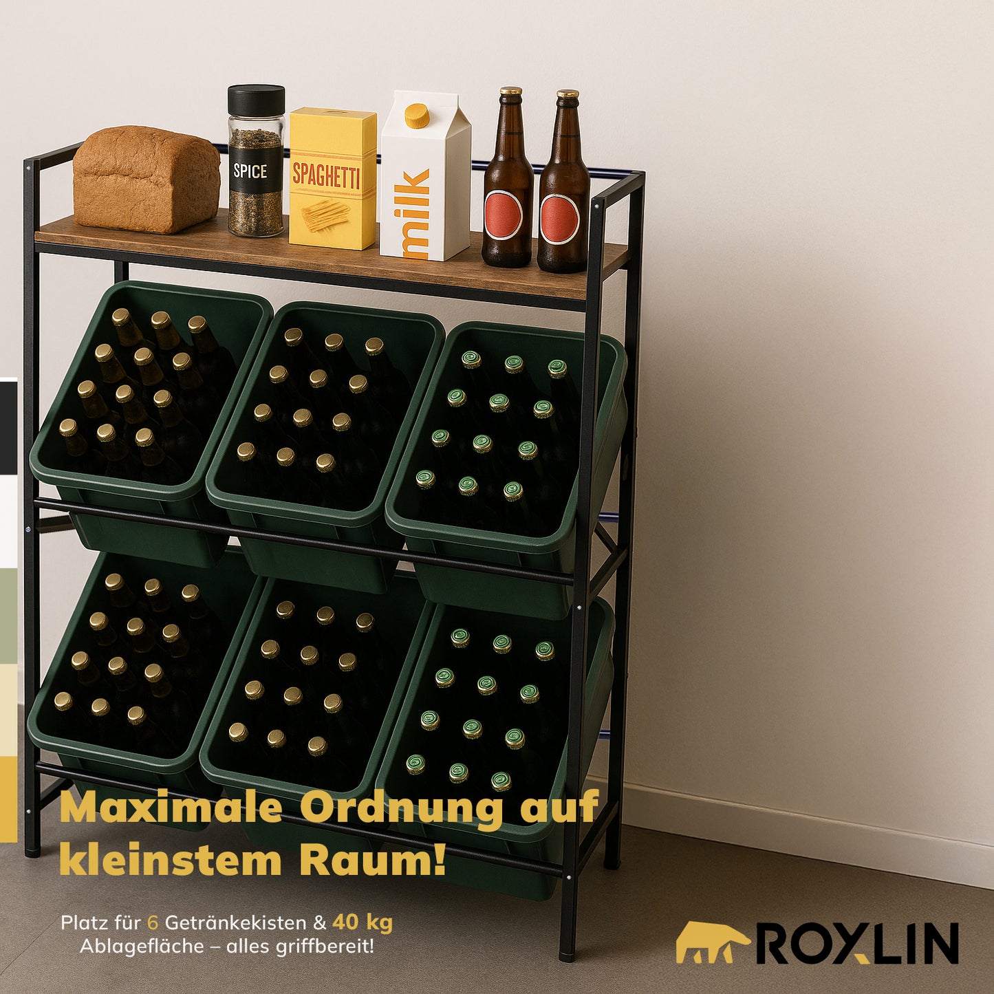 Roxlin Getränkekistenregal 6 Kisten – Schwerlastregal Metall 300kg – Küche Keller
