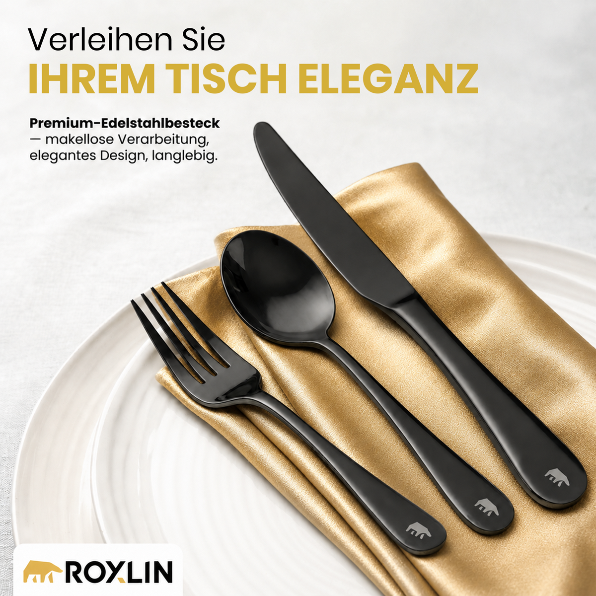 Roxlin Besteckset 30-tlg. Plain Design – Gold, Schwarz, Silber