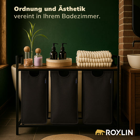 Roxlin 3-Fach Wäschekorb mit Deckel – Wäschesortierer Bambus & Metallrahmen