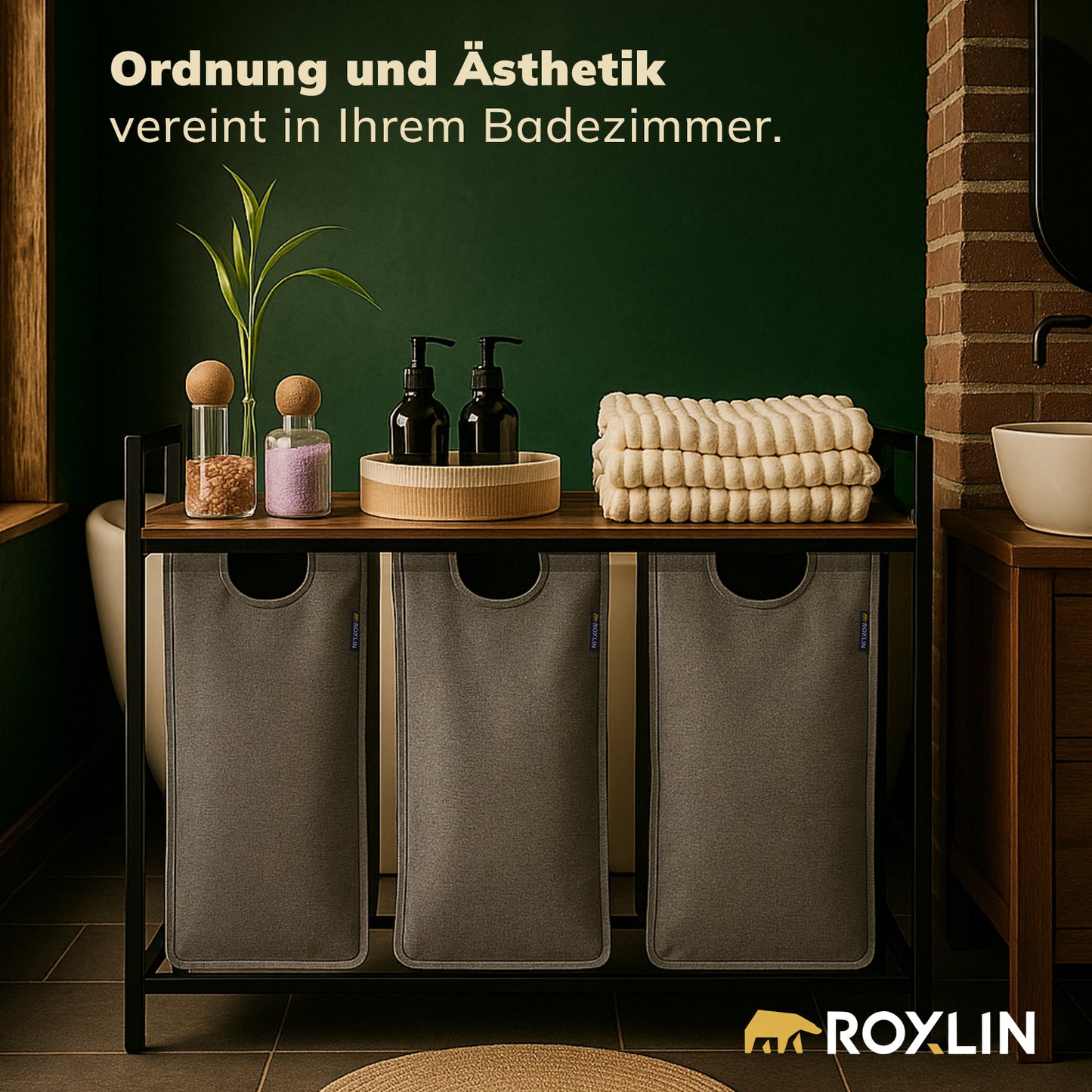 Roxlin 3-Fach Wäschekorb mit Deckel – Wäschesortierer mit Ablage & Taschen
