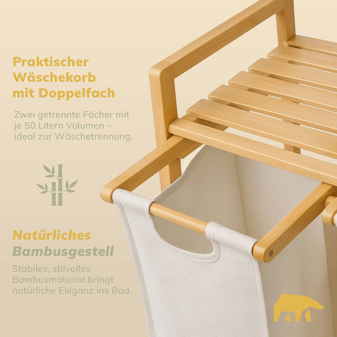 Roxlin Bambus Wäschekorb 100L – 2 Fächer mit herausnehmbaren Stofftaschen