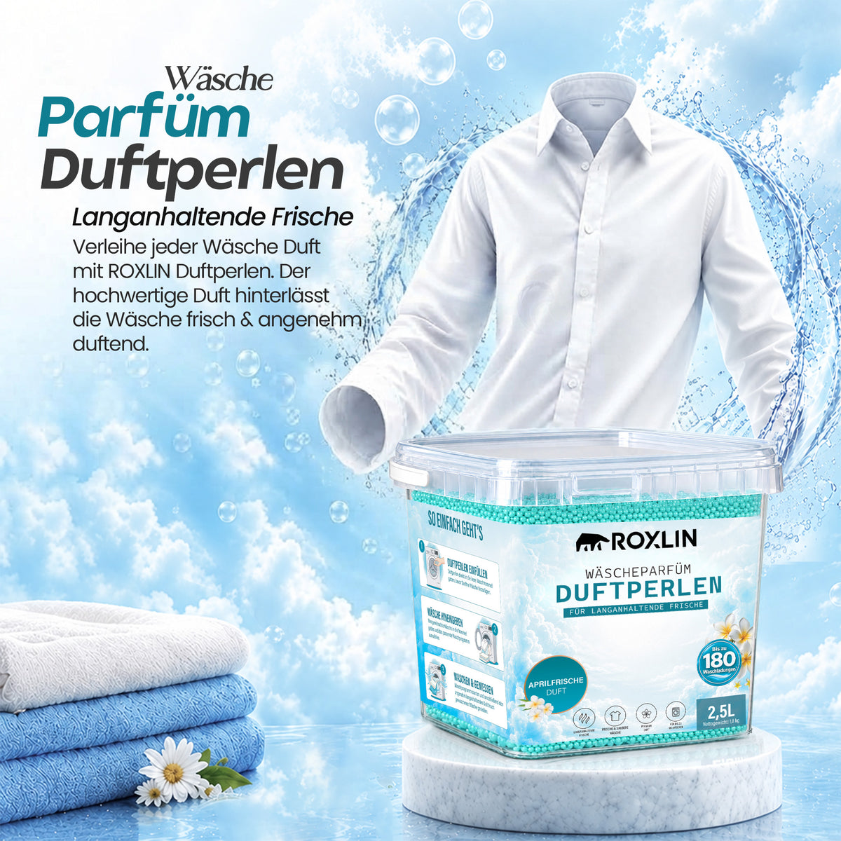 Roxlin Wäscheparfüm Duftperlen 2,5 L – 180 Wäschen – 2 Duftvarianten