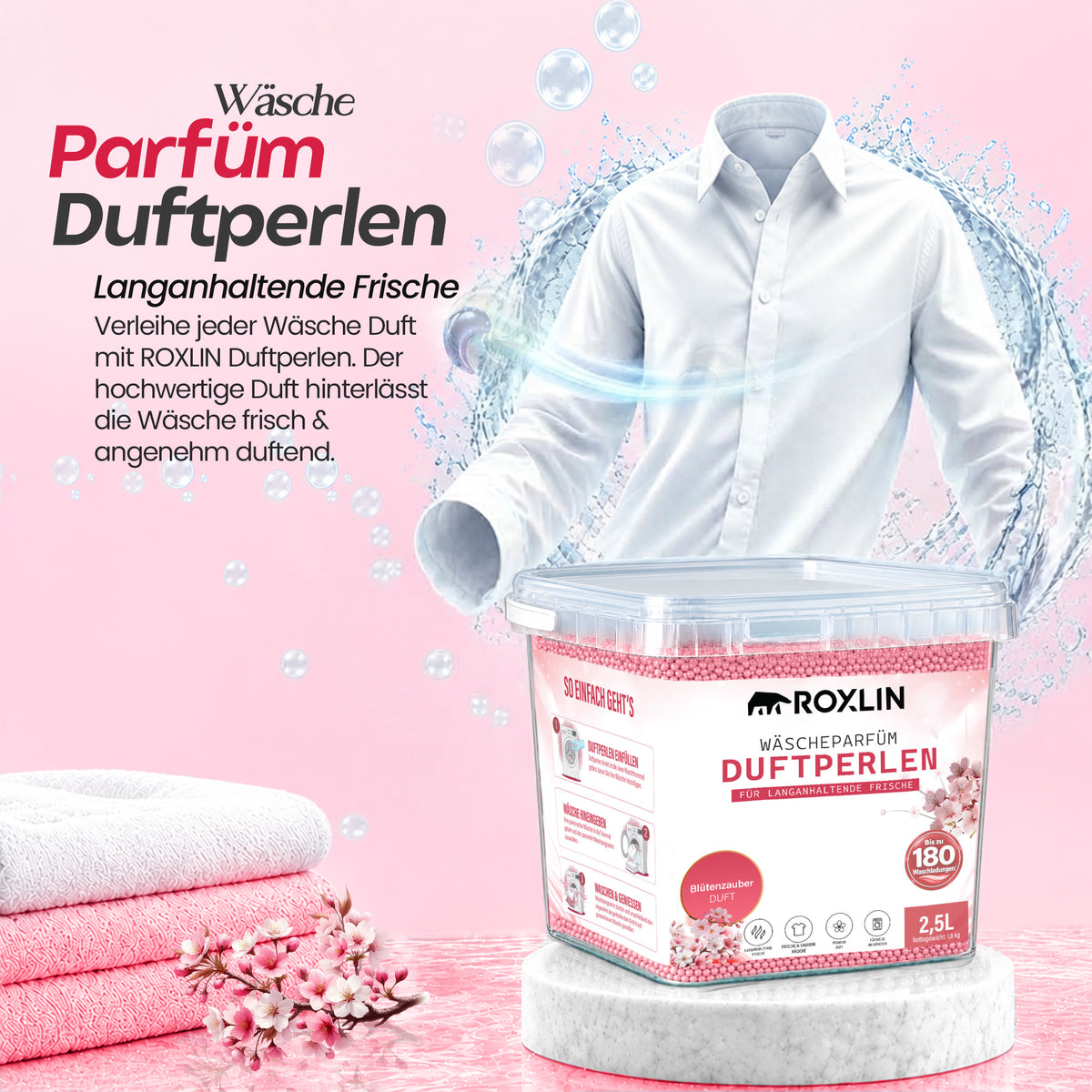 Roxlin Wäscheparfüm Duftperlen 2,5 L – 180 Wäschen – 2 Duftvarianten