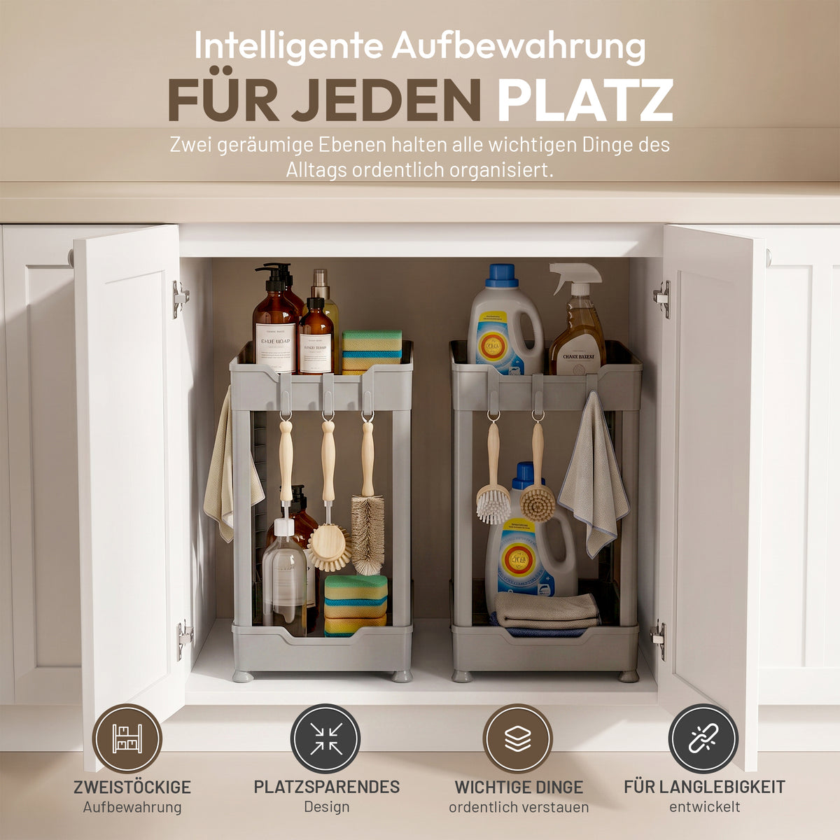 Roxlin 2-Etagen Aufbewahrungsregal mit 4 Haken – Küche & Bad Organizer