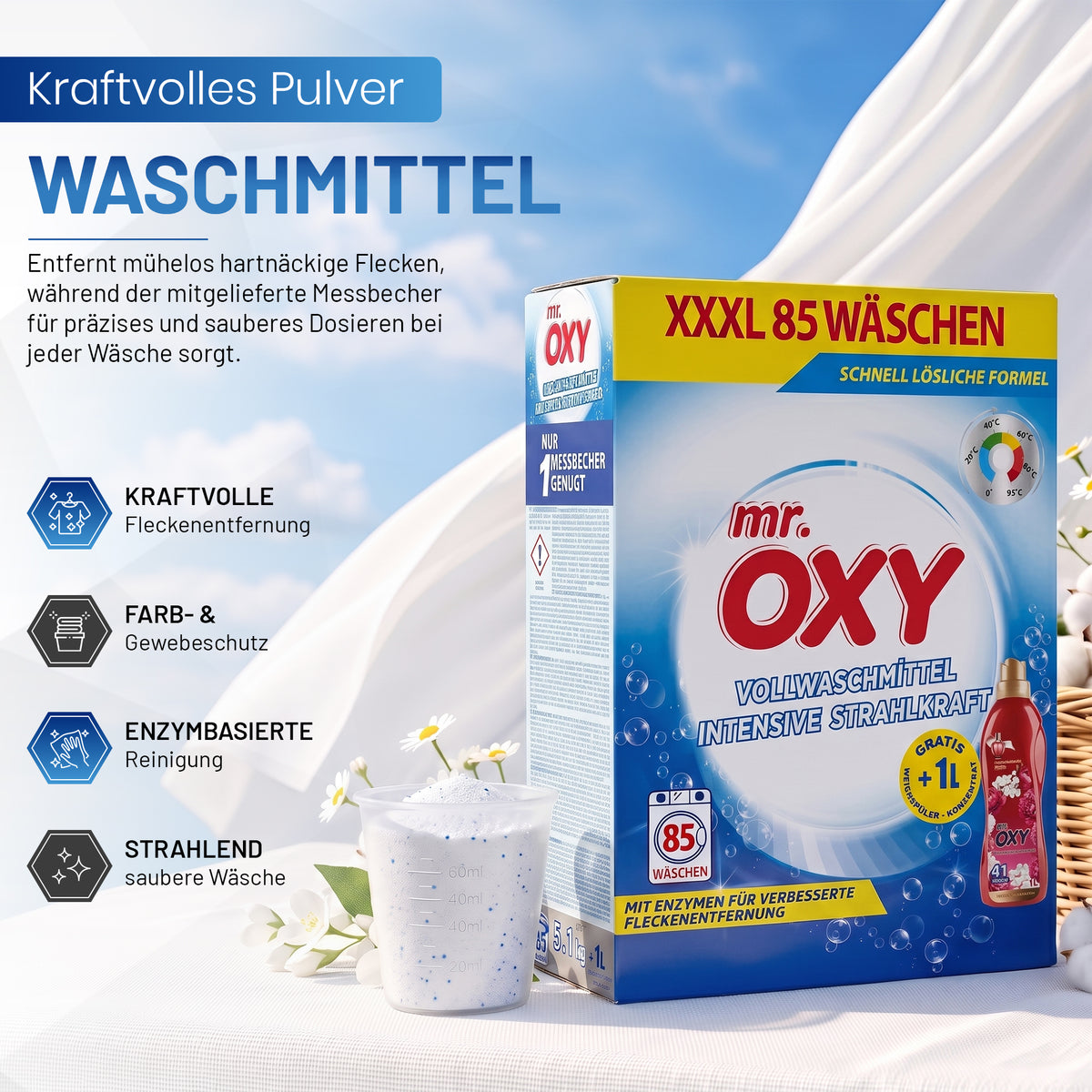 Mr. OXY Waschmittel Set XXXL 85 Wäschen 5,1 KG + GRATIS 1L Weichspüler