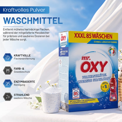 Mr. OXY Waschmittel Set XXXL 85 Wäschen 5,1 KG + GRATIS 1L Weichspüler