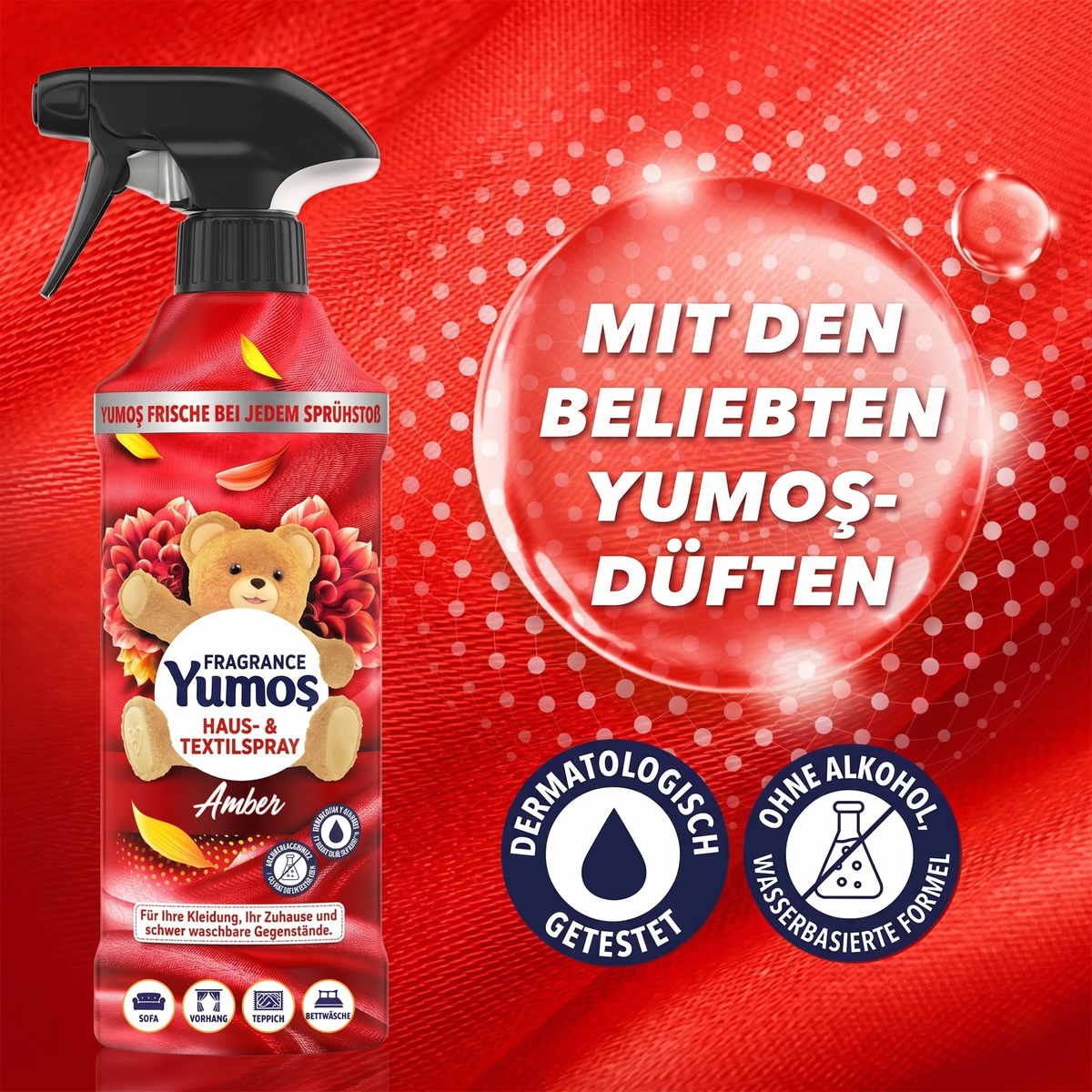 Yumoş Haus- & Textilspray 450ml, Alkoholfrei – Amber, Sakura, Orchidee, Lilie