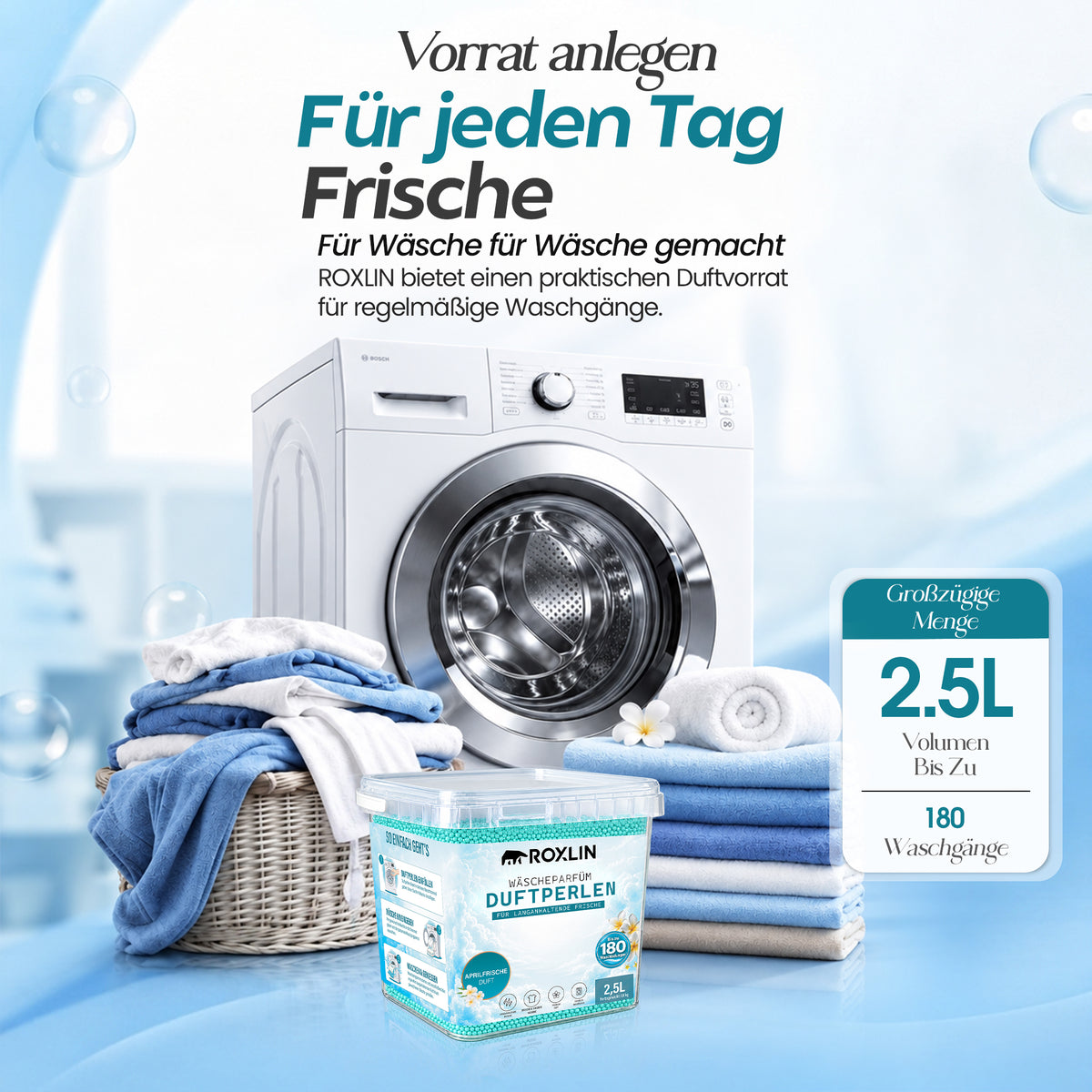 Roxlin Wäscheparfüm Duftperlen 2,5 L – 180 Wäschen – 2 Duftvarianten