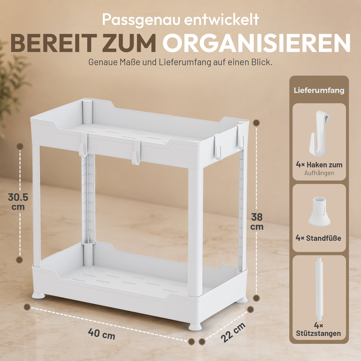 Roxlin 2-Etagen Aufbewahrungsregal mit 4 Haken – Küche & Bad Organizer