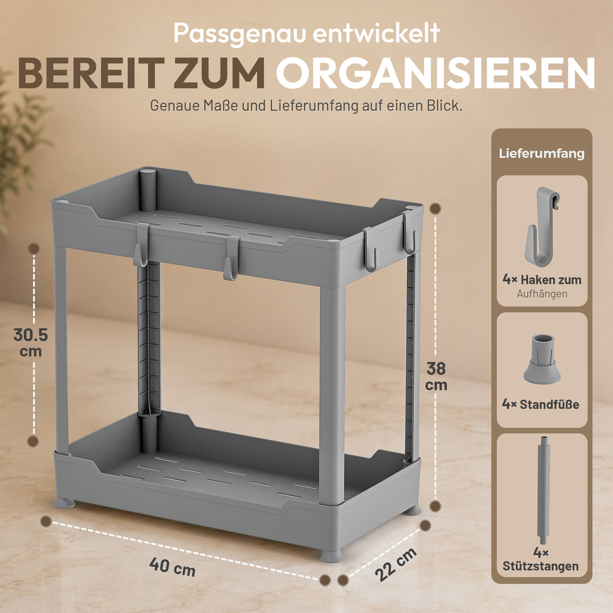 Roxlin 2-Etagen Aufbewahrungsregal mit 4 Haken – Küche & Bad Organizer