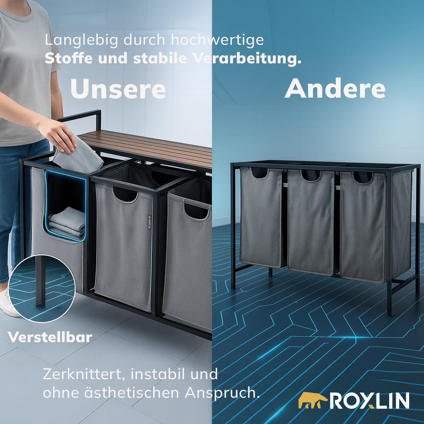 Roxlin 3-Fach Wäschekorb mit Deckel – Wäschesortierer mit Ablage & Taschen