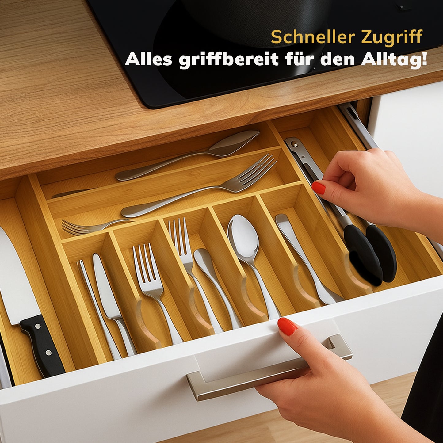 Größenverstellbarer Bambus Besteckkasten – Ausziehbarer Organizer 7–9 Fächer