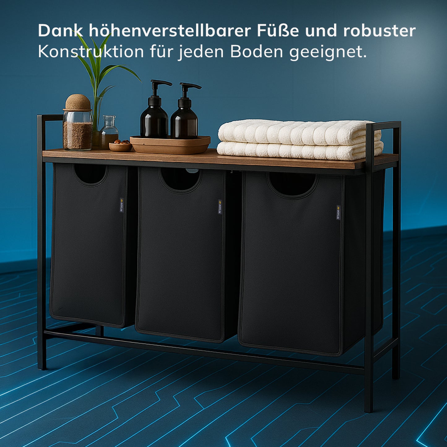 Roxlin 3-Fach Wäschekorb mit Deckel – Wäschesortierer Bambus & Metallrahmen